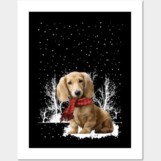 Christmas Cream Dachshund With Scarf In Winter Forest Posters and Art